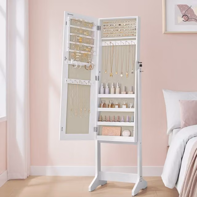 SONGMICS Lockable Full-Length Mirror Jewellery Cabinet with Internal Shelves, White