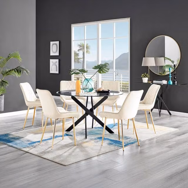 FurnitureboxUK Novara Round Glass Dining Table with 6 Pesaro Gold Leg Chairs in Cream and Black