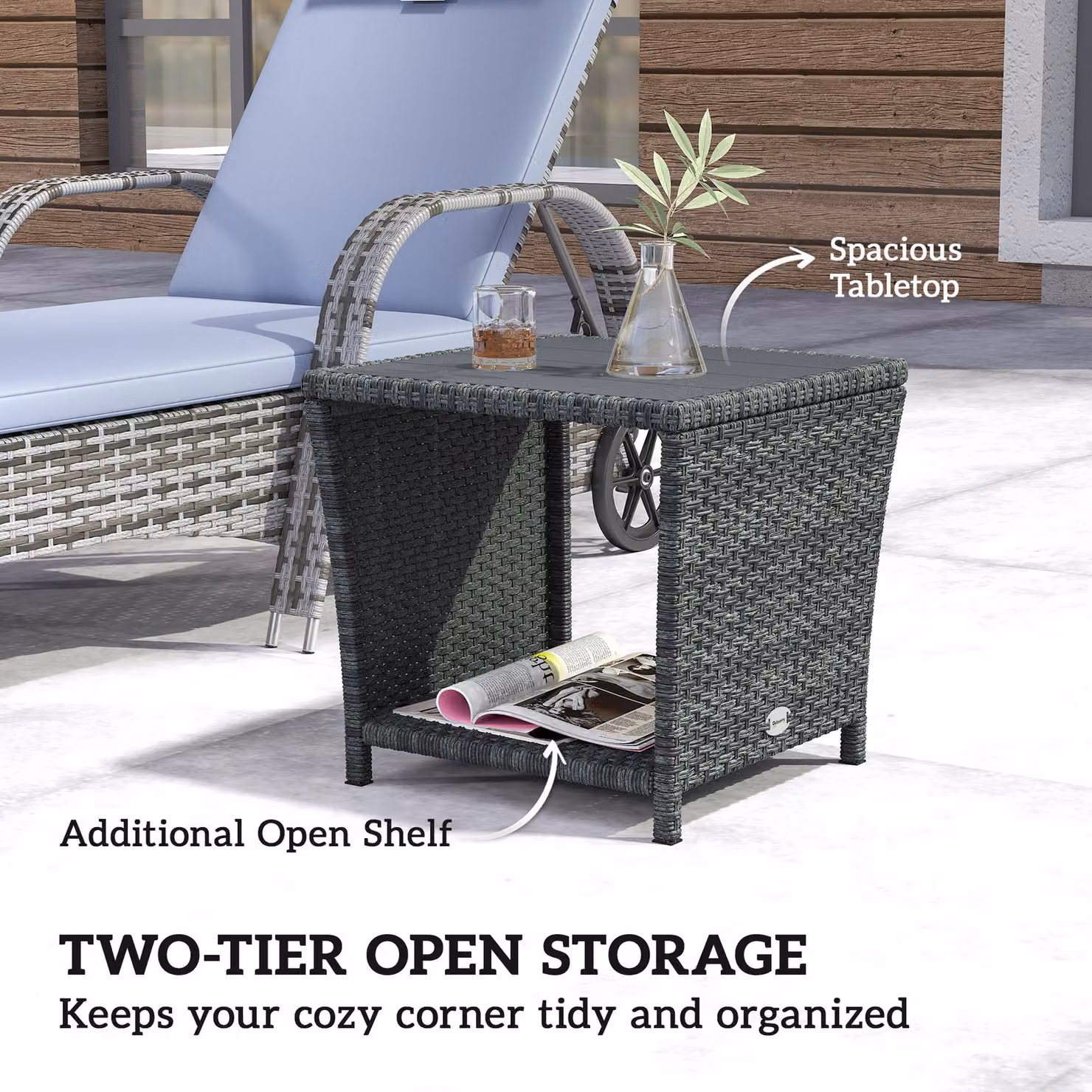 Outsunny 2-Tier Outdoor Coffee Side Table with Storage Shelf, Grey PS Wood Slat Top – 4