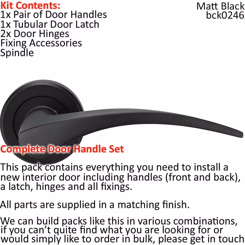 Loops Matt Black Slim Arched Lever Door Handle and Latch Pack with Screwless Round Rose – 2