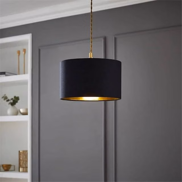 FORGEVIO Modern Cylinder Fabric Lampshade Ceiling Light in Black and Gold