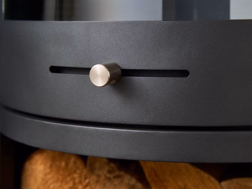 OKO S5 Bio Ethanol Cylinder Stove with Log Storage in Charcoal Grey and Angled Stove Pipe – 3