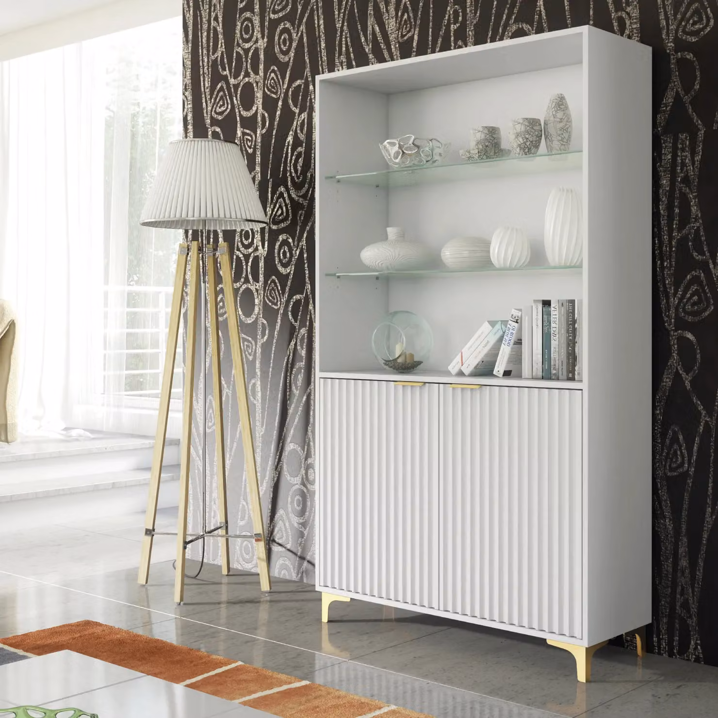 Creative Furniture Tide Crest Modern Fluted Display Cabinet in Grey, White or Gold, Height: 175 cm – 3