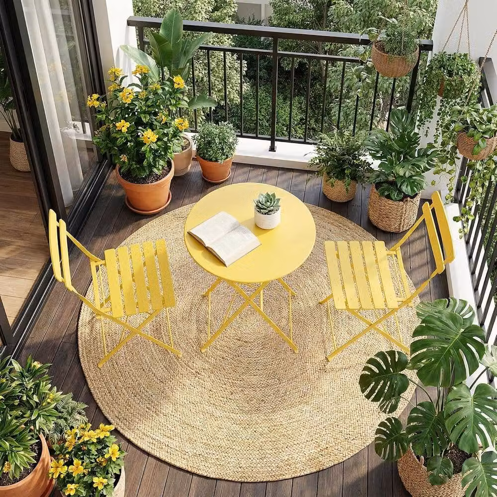 London Boutique 3-Piece Metal Bistro Set with Round Table and 2 Chairs in Yellow – 3