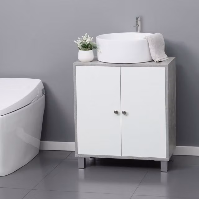 Kleankin Modern Freestanding Bathroom Under Sink Cabinet with Internal Shelves and Hinged Doors in White and Grey