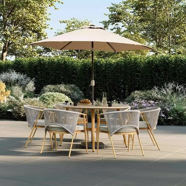 Charles Bentley Almada 6 Seater Outdoor Dining Set in Grey with Wood Effect Frame and Rope Weave W/D/H: 135 x 75 x 76 cm – 1