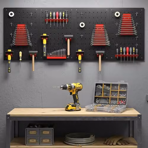 HOMCOM 38 Piece Wall-Mounted Steel Pegboard with Hooks, 4 Panels, Black and Red – 4