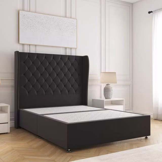 BSSPOKE Amelia Divan Bed Set with 54 inch Plush Velvet Headboard in Black, King Size, W/D/H: 180 x 200 cm