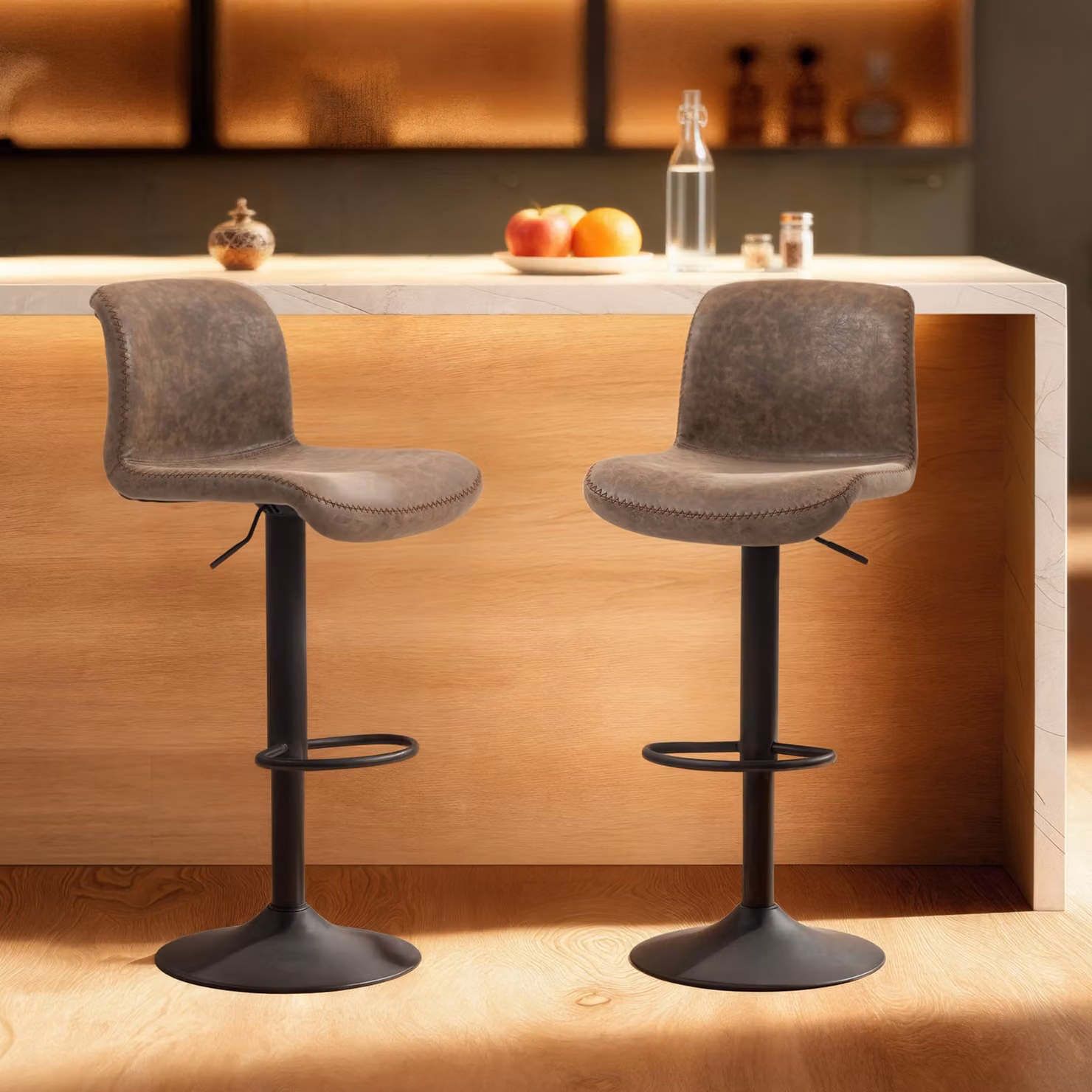 HOMCOM Set of 2 Brown PU Leather Swivel Bar Stools with Backrest and Footrest – 2