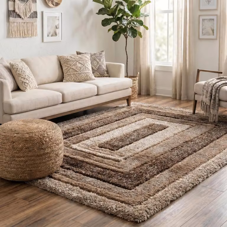 Desire Rugs Modern Soft Bordered Shimmer Shaggy Area Rug in Bronze, W: 120 cm, D: 170 cm