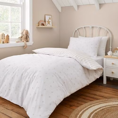 Bianca Mini Star & Stripes Reversible Cotton Single Duvet Cover and Pillowcase Set in Natural Sand/Beige, W/D/H: 135 x 200 cm and 50 x 75 cm