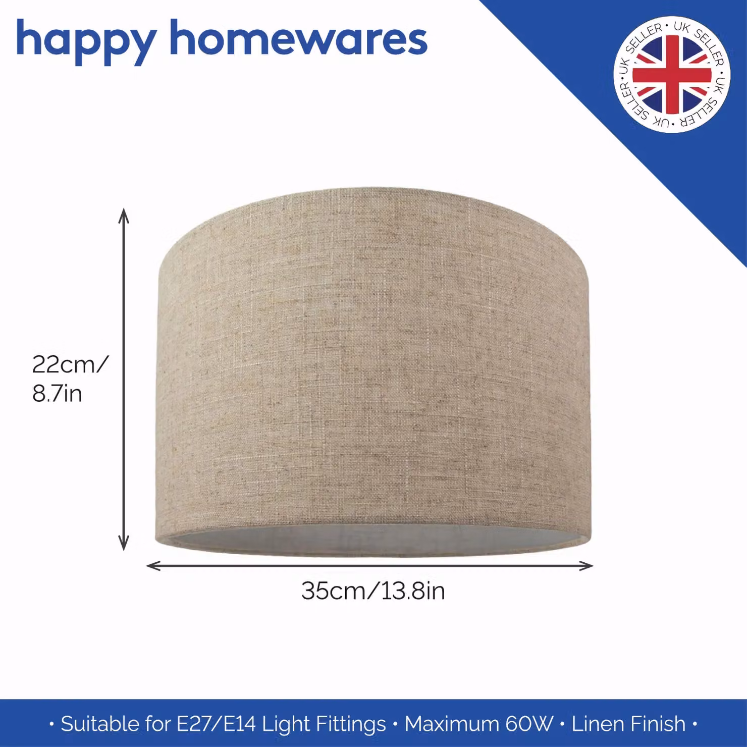 Happy Homewares Oatmeal Linen Drum Lamp Shade in Beige, Diameter: 35.56 cm – 2