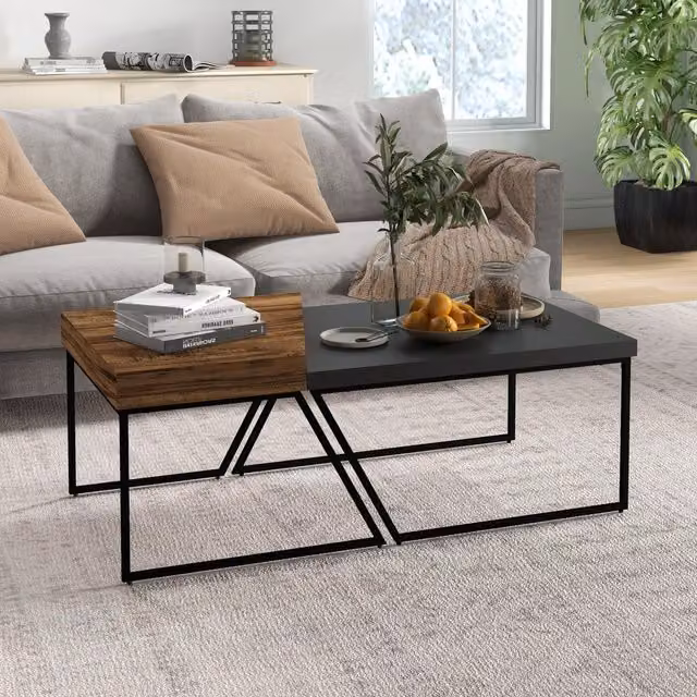 HOMCOM Industrial Coffee Table Set of 2 in Rustic Brown and Black