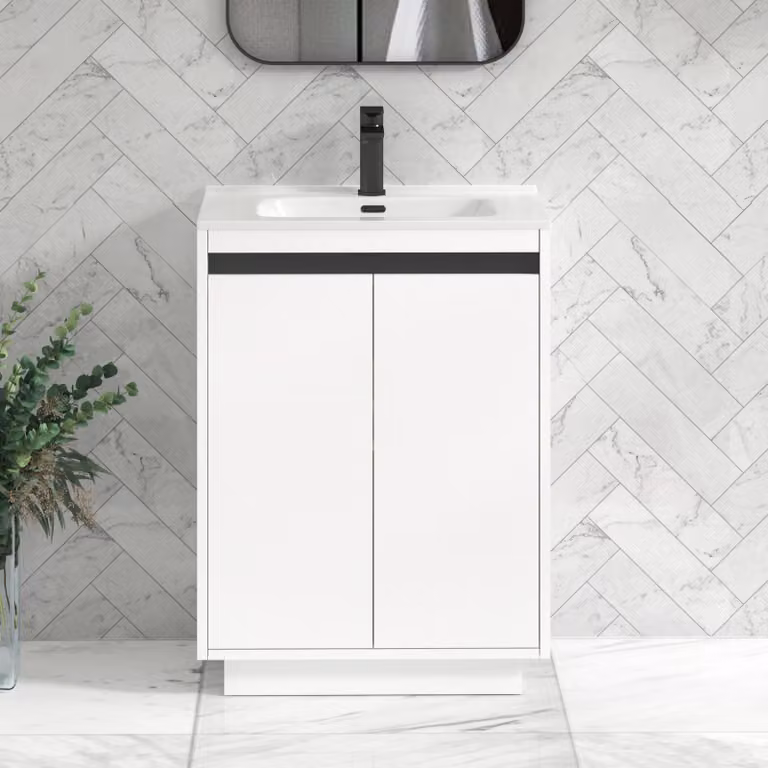 Royal Bathrooms Orion 600mm Matt White 2 Door Floor Standing Vanity Unit with Ceramic Basin and Black Accent Trim
