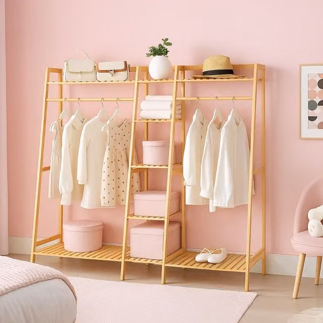 Neo Natural Bamboo Freestanding Open Clothes Rail and Shelves in Brown, W/D/H: 158 x 40 x 139 cm