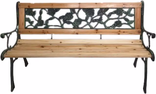 Samuel Alexander 2-Seater Wooden and Cast Iron Garden Bench in Brown with Rose Back Panel