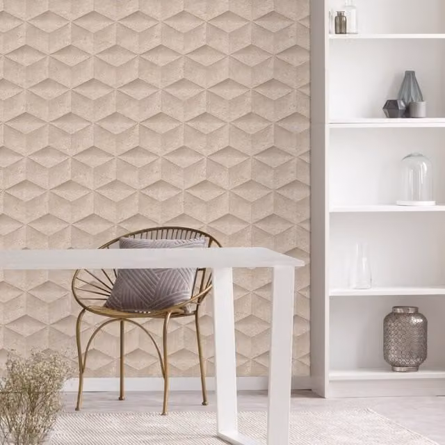 I Love Wallpaper Architectural Blush Concrete Abstract Geometric Wallpaper in Pink, Gold and Beige