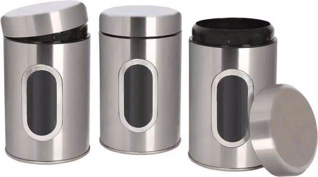 Harbour Housewares 3-Piece Stainless Steel Tea, Coffee and Sugar Canister Set with Transparent Window in Metallic Silver – 1