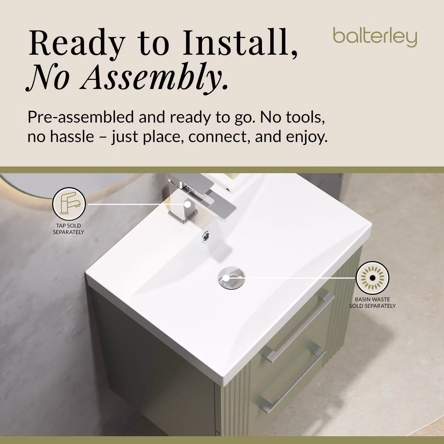 Balterley Wall Hung 2 Drawer Vanity Unit with Thin-Edge Basin, Satin Green, W: 50 cm, D: 55 cm, H: 50 cm – 3