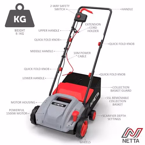 Netta 1500W Electric Lawn Scarifier and Aerator in Grey and Red with 320mm Working Width and 30L Collection Box – 6