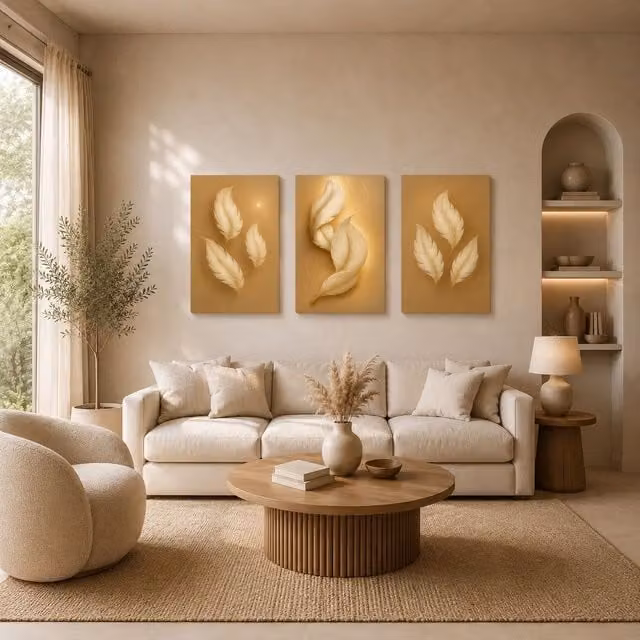 Mafett Set of 3 Golden Feather Symphony Luxury Canvas Wall Art in Gold, W: 60.96 cm, H: 81.3 cm