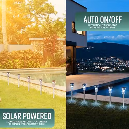 Globrite Pack of 10 Silver Stainless Steel LED Solar Garden Lights with Ground Spike and Warm White Dusk Sensor Light Effect – 2