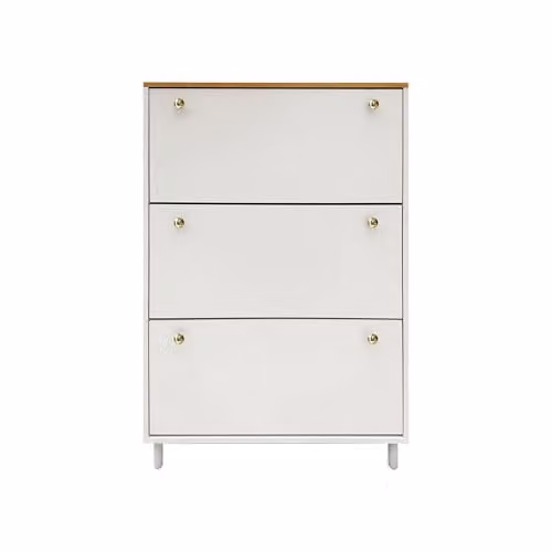 Hygrad Built to Survive White Wooden Shoe Storage Cabinet with Tilting Doors and 3 Drawers and Gold Knobs, W/D/H: 80 x 24 x 119.5 cm
