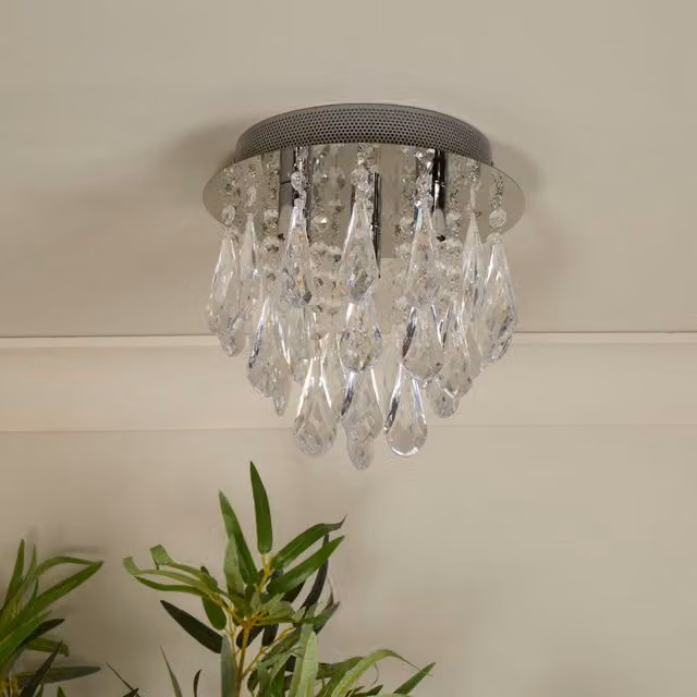Lighting Collection Celeste Cascade 3-Light Ceiling Flush Light in Chrome with Transparent Acrylic Drops
