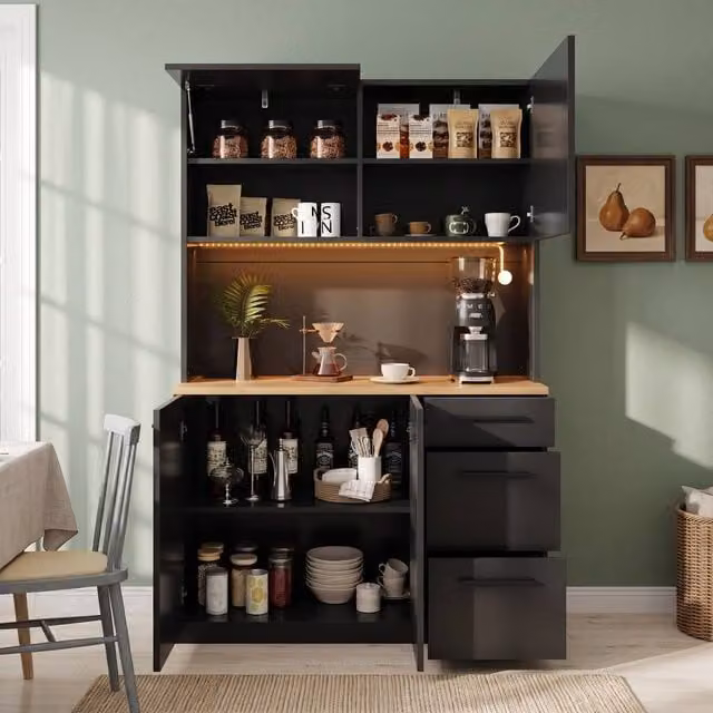 STILVORA Modern Tall Storage Cabinet with Glass Doors and Integrated Lighting, Black, H 180 x W 120 x D 40 cm – 1