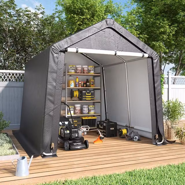 Lifeideas Grey Galvanised Steel Tube Frame Storage Shed with Roll-Up Door, W/D/H: 240 x 240 x 230 cm