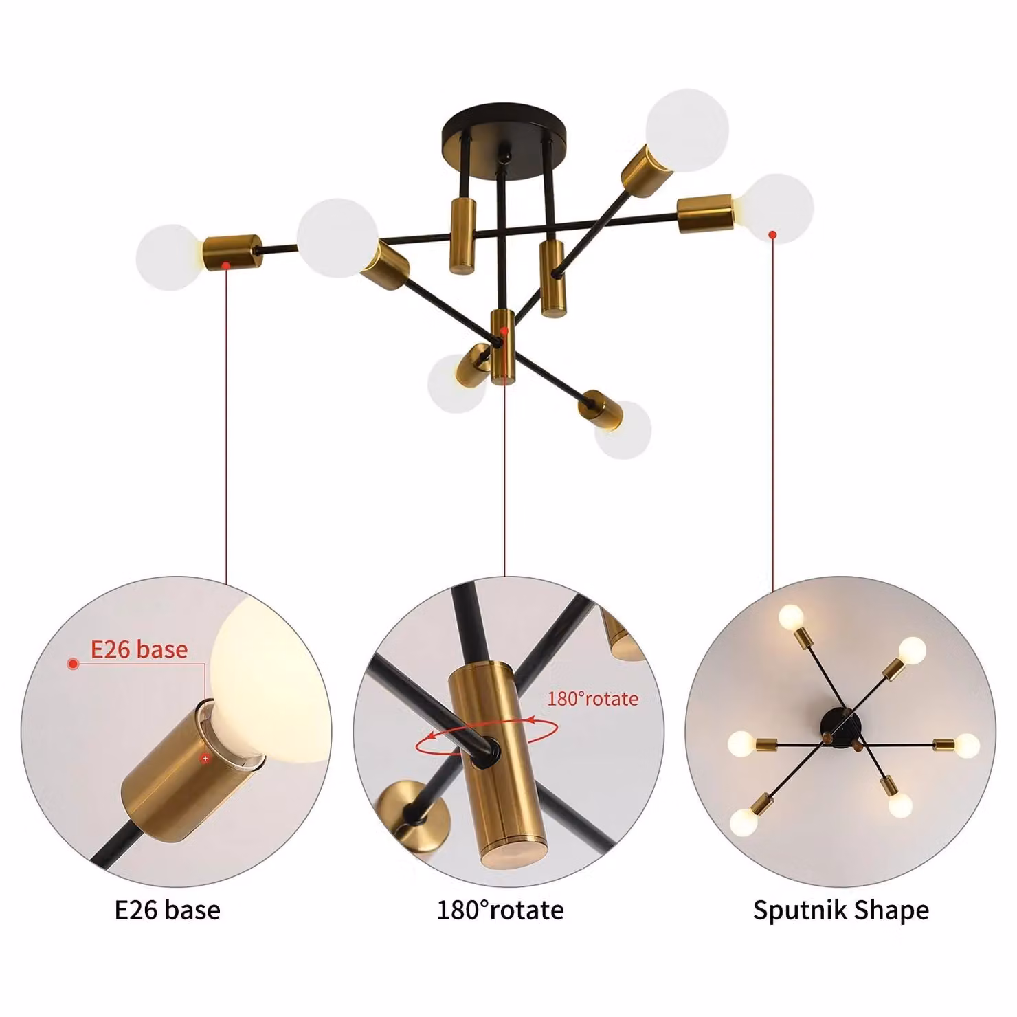 Garwarm Mid Century Industrial 6 Light Sputnik Ceiling Chandelier in Gold/Brass – 3