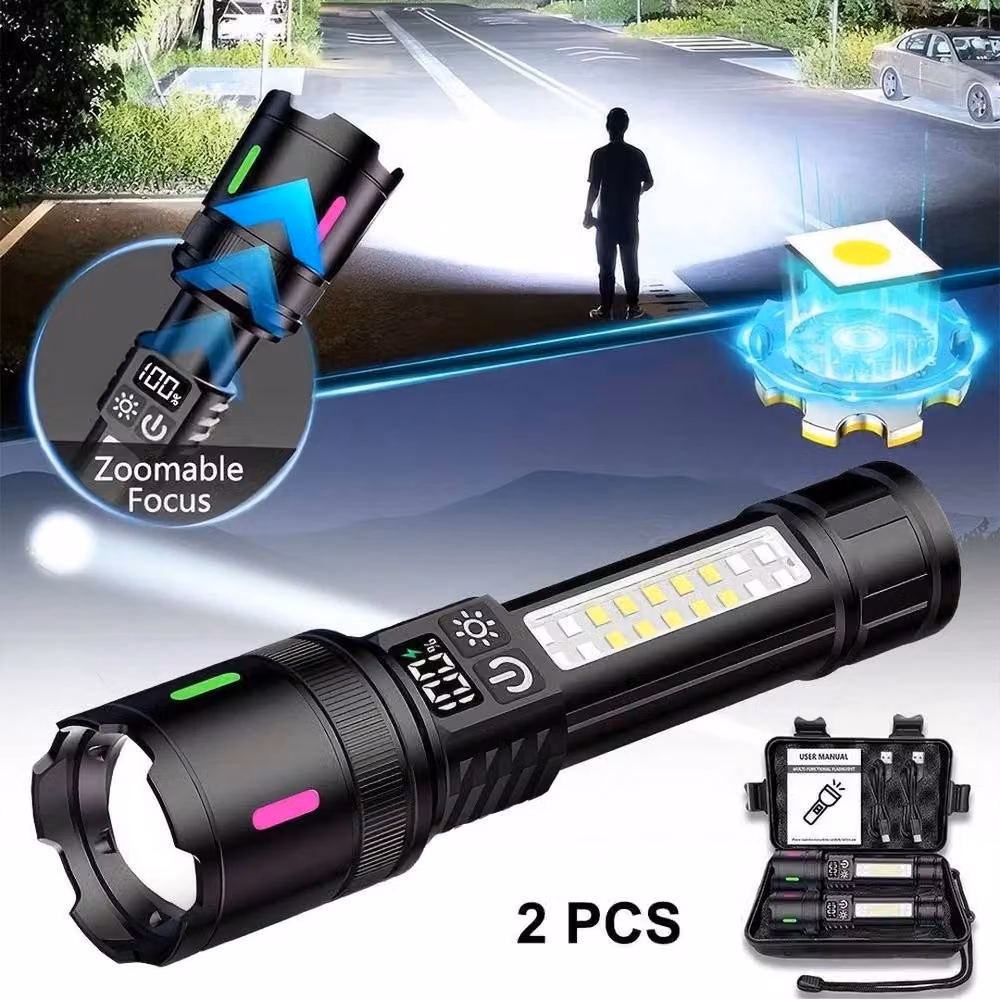FLAVORA 2 Pack USB Rechargeable COB Tactical LED Flashlights in Black – 3