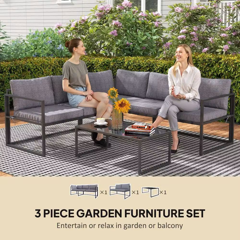 STILVORA 3-Piece Modern Sofa Set with Tempered Glass Top in Grey and Black – 5