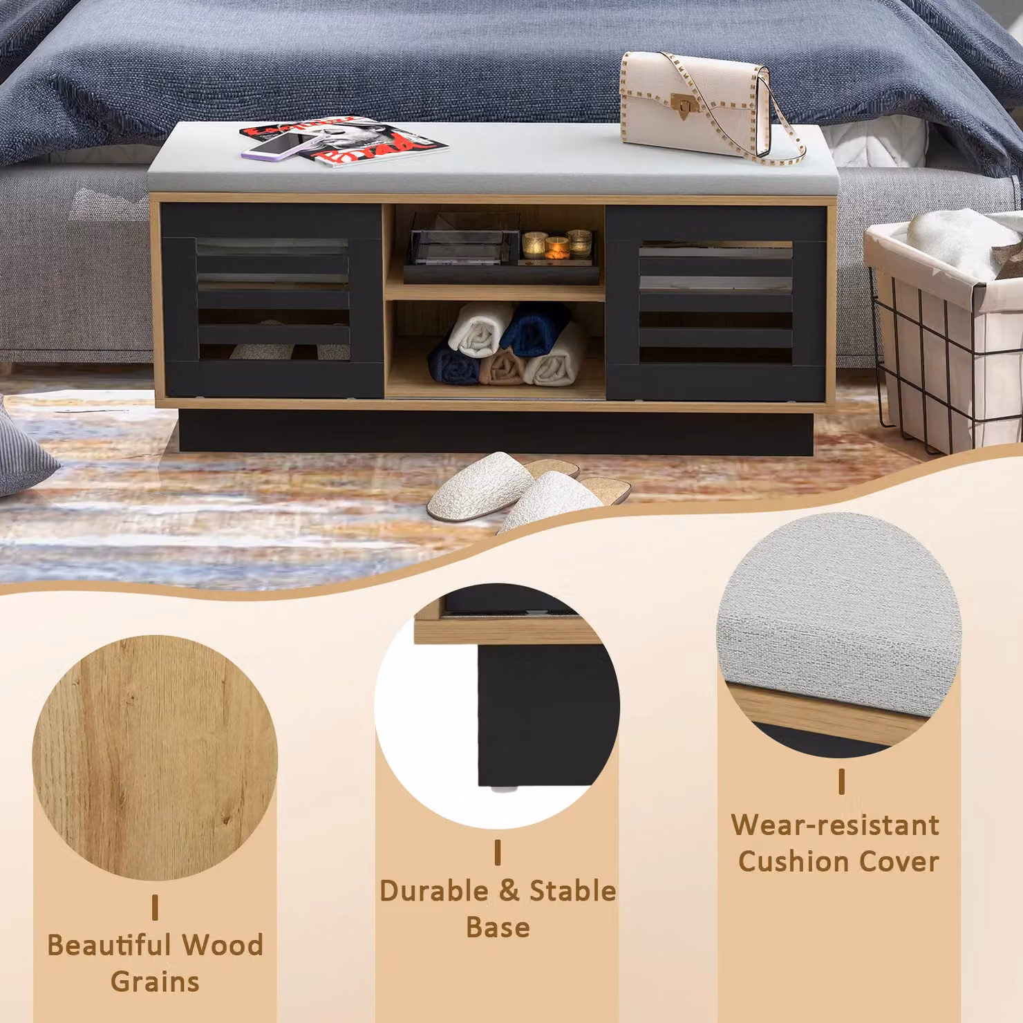 Costway Shoe Rack Storage Bench Organizer with Cushion and Adjustable Shelf, Natural Brown – 6