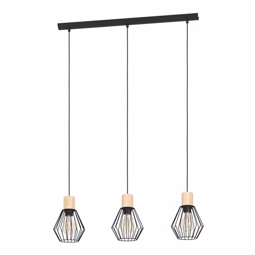 Eglo Palmorla 3-Light Industrial Pendant Lamp in Black and Wood – 1