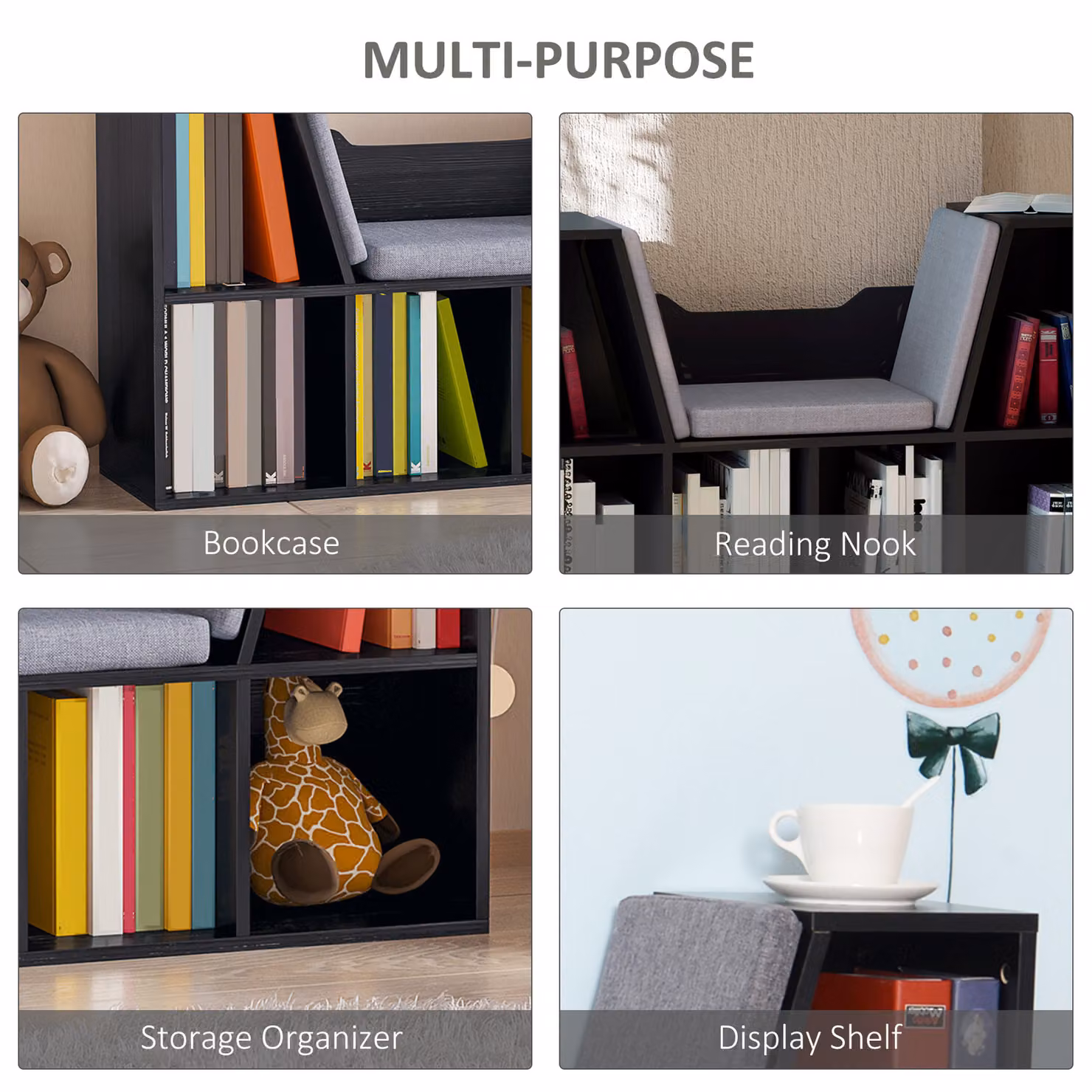 HOMCOM Black Bookcase Shelf Storage Seat with Cushion for Childrens Bedroom or Living Room – 7