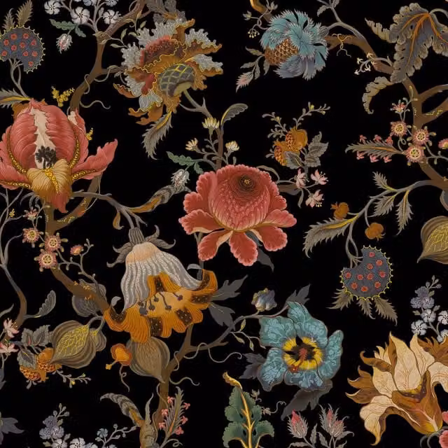 House of Hackney Artemis Botanical Floral Vintage Wallpaper in Black and Multicolour