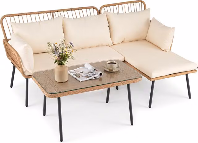 COSTWAY 3 Piece L-Shaped Sectional Sofa Set in White with Rattan and Glass Details