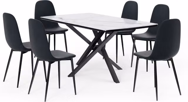 VonHaus White and Blue Marble Effect Ceramic Dining Table and 6 Chairs Set