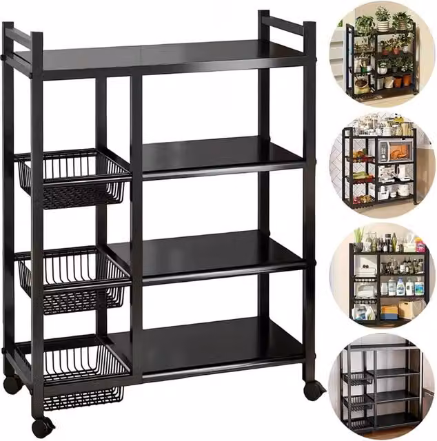 Nordara 4 Tier Black Metal Kitchen Storage Basket Trolley Cart Organiser with Adjustable Shelves – 1