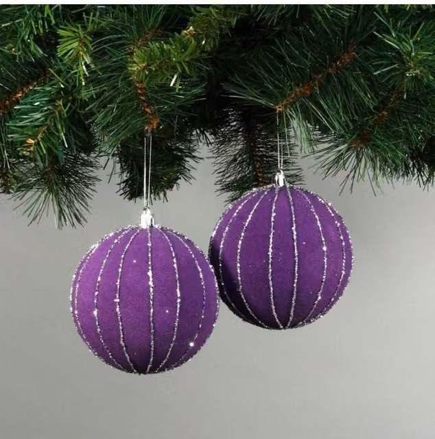 KDMD Set of 4 Purple Velvet Glitter Christmas Baubles, 10 cm