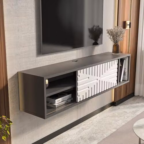 DECOROTIKA Teo Floating TV Stand with Sliding Doors and Open Shelves, Anthracite and White, W: 140 cm, D: 29.5 cm, H: 29.5 cm – 2