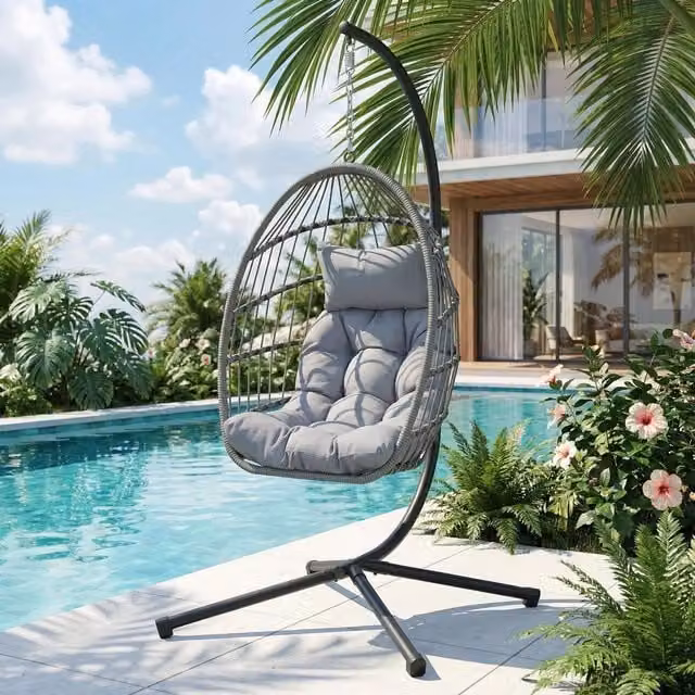 Alivio Grey Hanging Egg Chair with Stand, Weather-Resistant Rattan Swing Chair with Cushions for Indoor and Outdoor Use