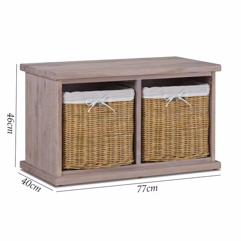 Statement Furniture Tetbury Hallway Bench in Brown Acacia Wood with 2 Natural Wicker Baskets, W/D/H: 77 x 40 x 46 cm