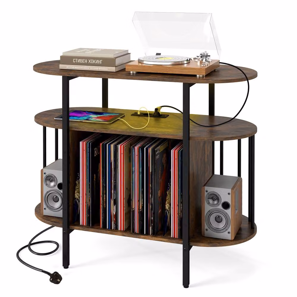 Gymax Large Record Player Stand with LED Lights in Brown – 9