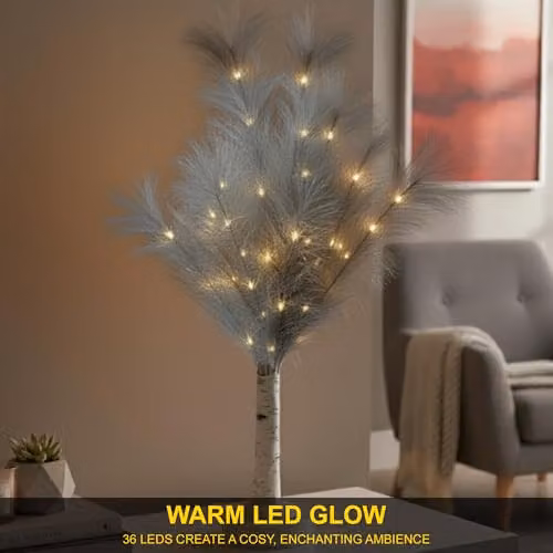 Shatchi 2-Piece Grey Feather Tree Table Lamp with Warm White LEDs, Height: 70 cm – 3