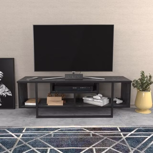 Asal Minimalist TV Unit in Black and Black Marble Effect, Width: 120 cm