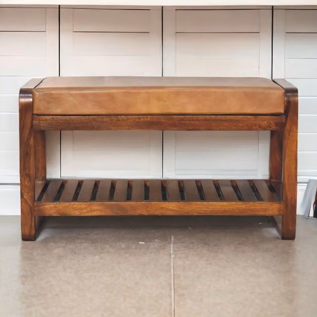 Artisan Furniture Mango Wood and Leather Hallway Shoe Rack Bench in Brown