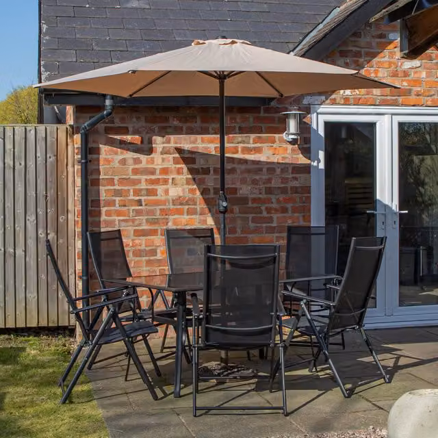 Samuel Alexander Modern Rectangular Glass Top Patio Table and Chairs Set with Parasol and Base in Black, Beige and Grey