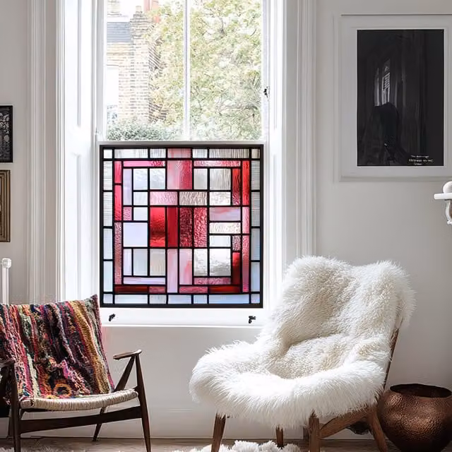 Creative Printing Lein Art Deco Pink Stained Glass Privacy Window Film with Floral and Geometric Patterns, W/H: 30 x 30 cm